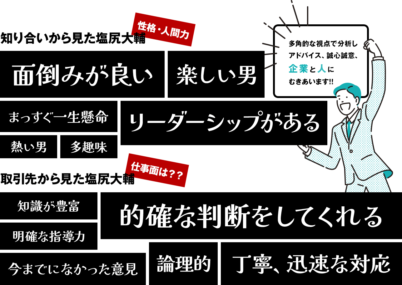 知り合いから見た塩尻大輔性格・人間力面倒みが良い楽しい男まっすぐ一生懸命リーダーシップがある熱い男多趣味取引先から見た塩尻大輔仕事面は??知識が豊富明確な指導力今までになかった意見的確な判断をしてくれる論理的丁寧、迅速な対応多角的な視点で分析し アドバイス、誠心誠意、 企業と人に むきあいます!!
